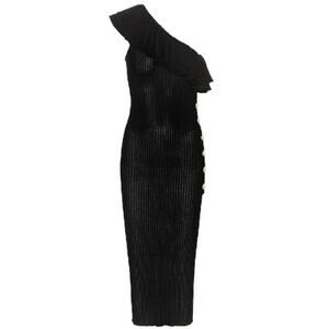 Balmain Knit Ribbed One Shoulder Ruffle Bodycon Midi Dress 36 EU 4 US
